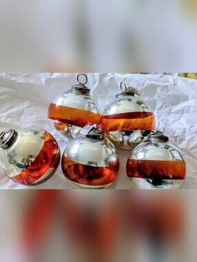 Set of 5 Crate & Barrel Vintage Mercury Glass Ornaments – Red Stripe  Metal Hang